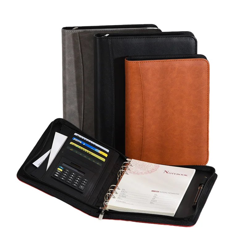Hot selling Custom Colour Red PU Leather Professional Portfolio With Embossed Logo Zippered Padfolio Organizer