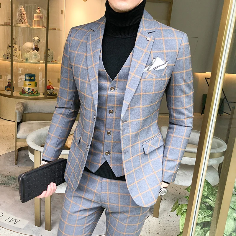 Instocks Mens Formal Suites Ready to Ship Gray Colour Birthday Tweed Suit Three-Piece Elegant Clothes Checkered Men Suits
