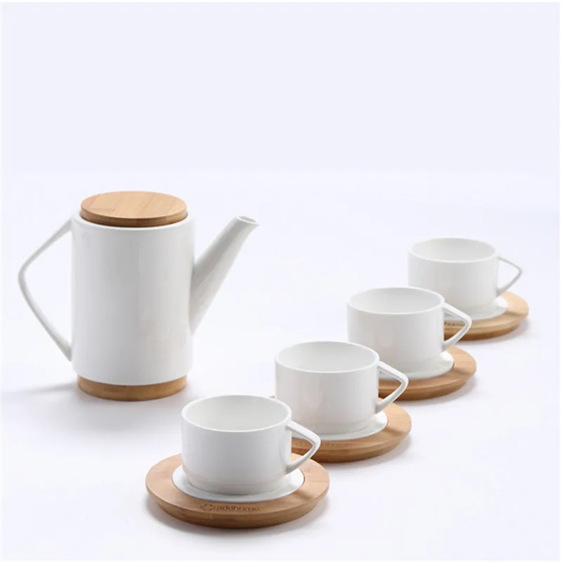Wholesale Coffee Tea Accessories Bone China Pot Set With Wooden Coaster Porcelain Tea Sets With Teapot Ceramic Tea Pot And Cup