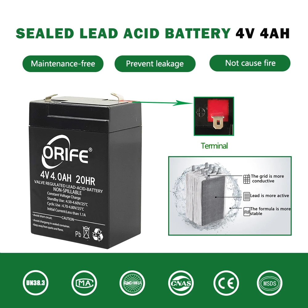 ORIFE custom manufacturing long life vrla agm sealed lead acid 4ah 4v battery