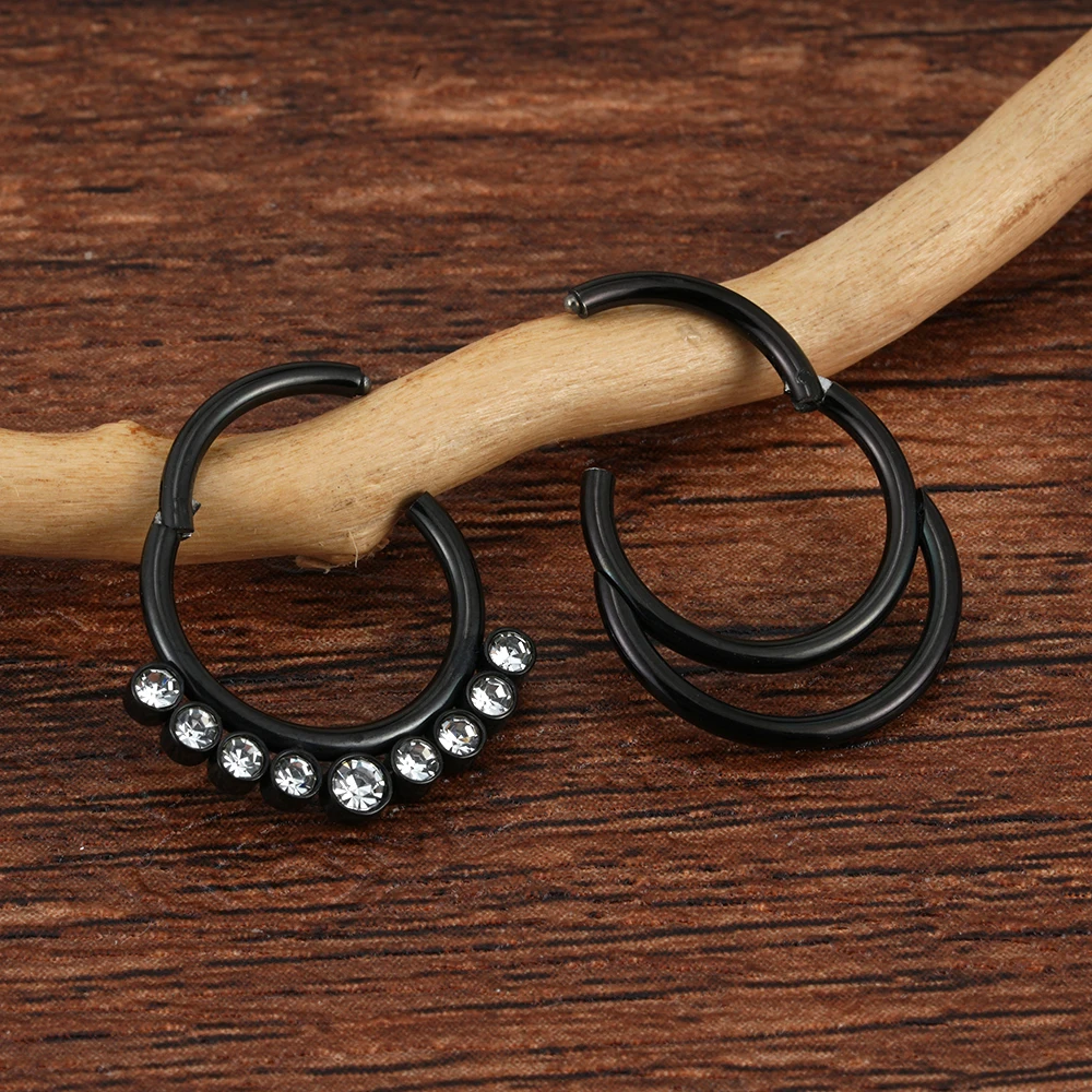 Black Hinged Segment Ring Septum Gemmed Clickers Nose Piercing Jewelry