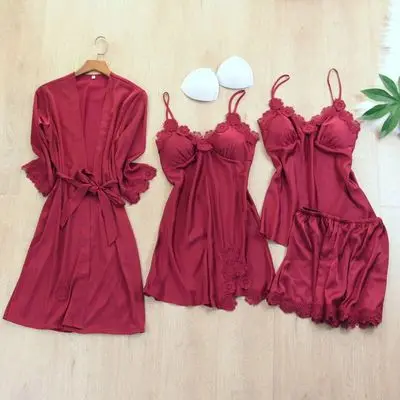 Hot new retail products four pieces sets women summer homewear bridal robe silk