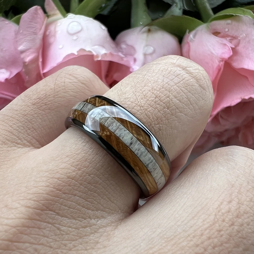 Coolstyle Jewelry 8mm Wholesale Domed Whisky Wood Deer Antler Inlay Engagement Wedding Band Black Tungsten Ring for Men Women