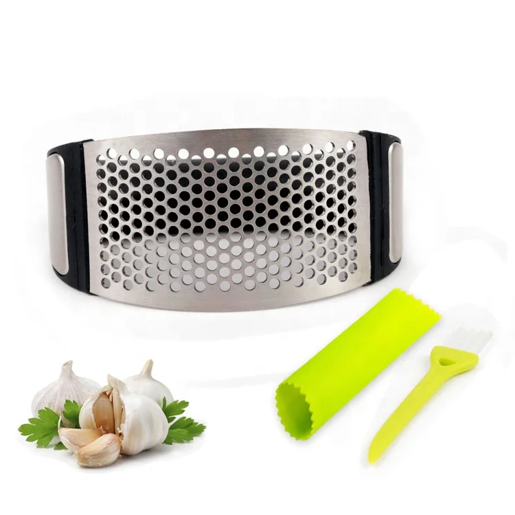 430 нержавеющая сталь пресс для чеснока Rocker и силиконовый нож набор с щетка
