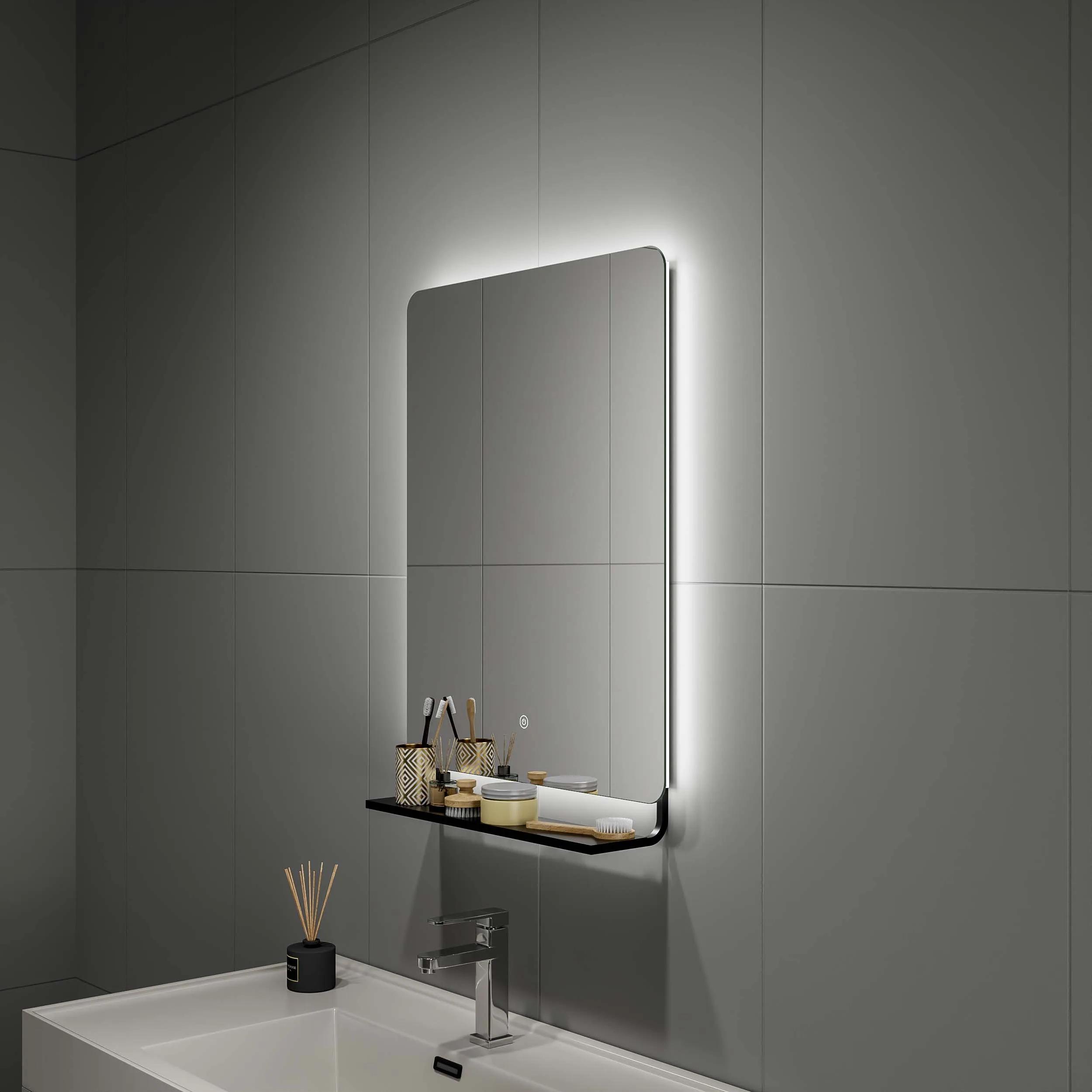 Smart Mirror Touch Screen Modern Hotel Anti Fog Square Storage Backlit Frameless Led Light Shelves Bathroom Mirror With Shelf