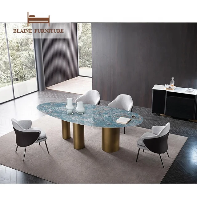 Italian Modern Oval Dining Table Set Esstisch Luxury Marble High End Factory Travertine Stone Marble Dining Table