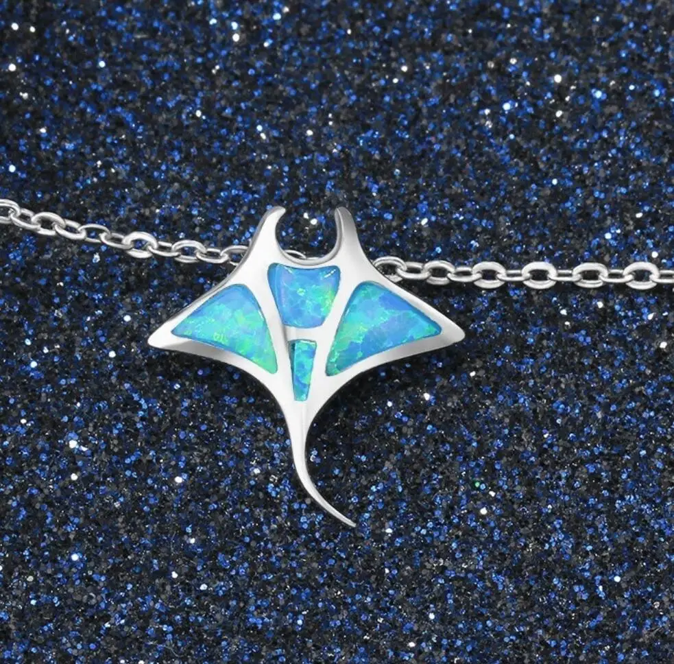 Real white gold plating Manta Ray Pendant Necklace with Australian Opal