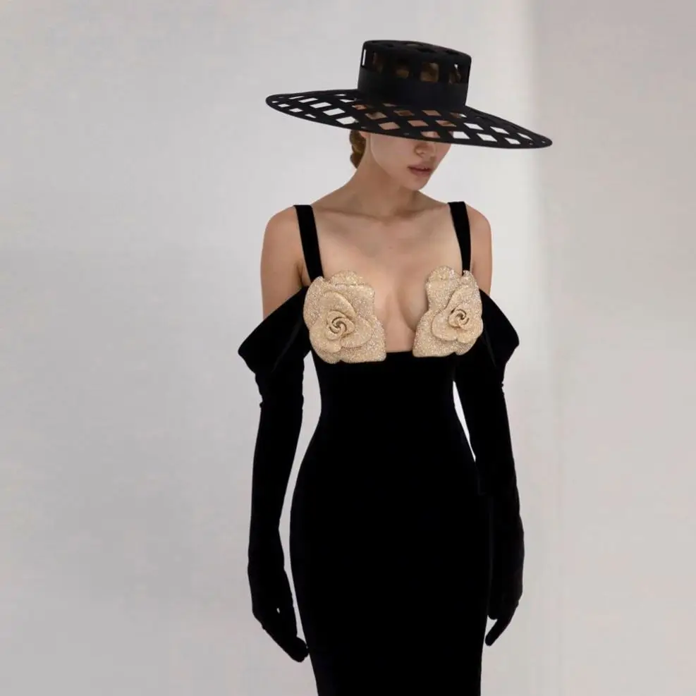 2024 Cross-border Women's Clothing Fashion Sexy Black Long Sleeve Bandeau Sling Dress Bandage Slim Flower Summer Mini Casual