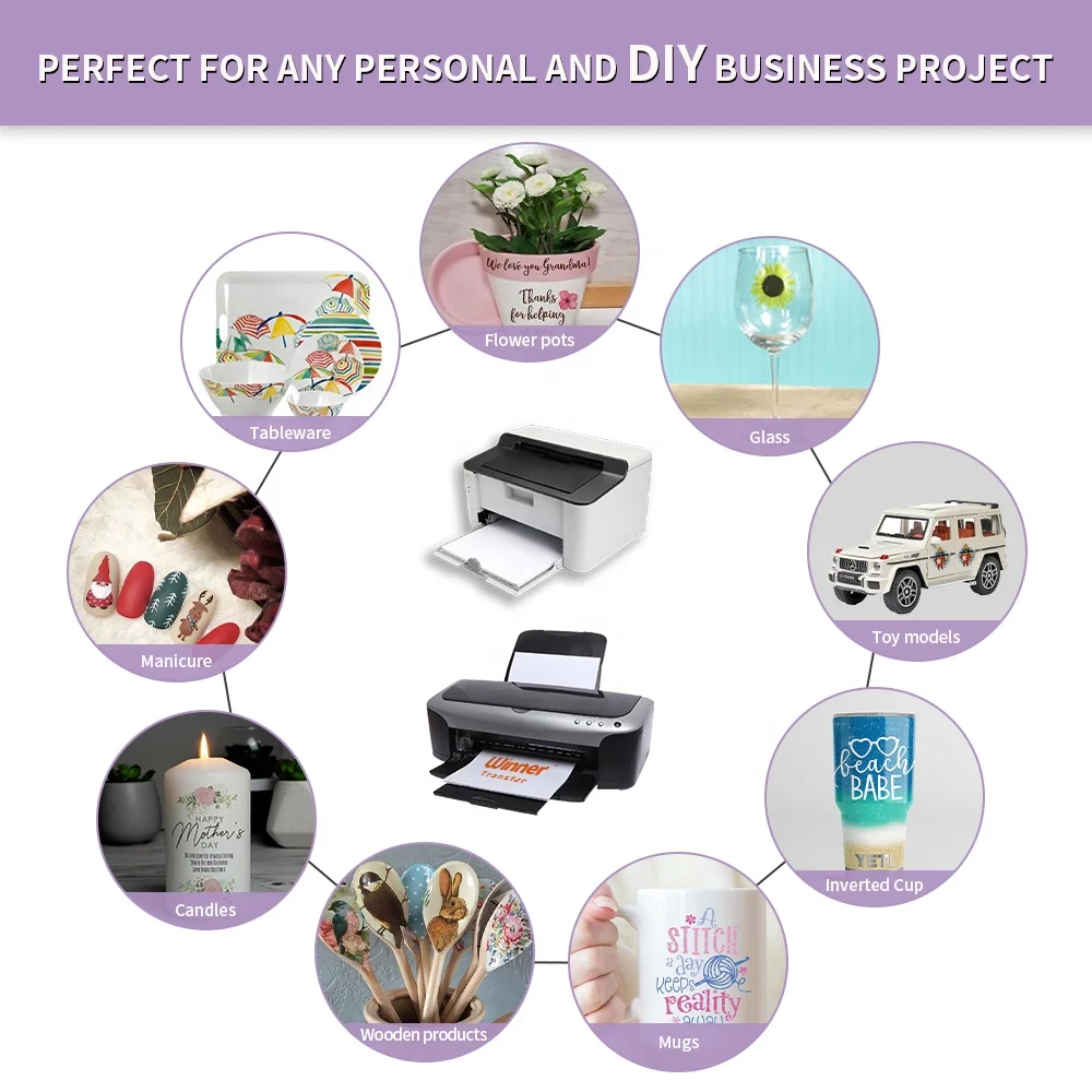 Pack of 100 Sheets No Bake paper sheets A4 Size compatible printers water transfer paper for Glass