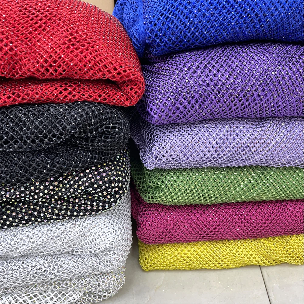 SH006  hot selling Stretch Rhinestone Mesh With Crystal fabric Elastic Rhinestone net lace fabric