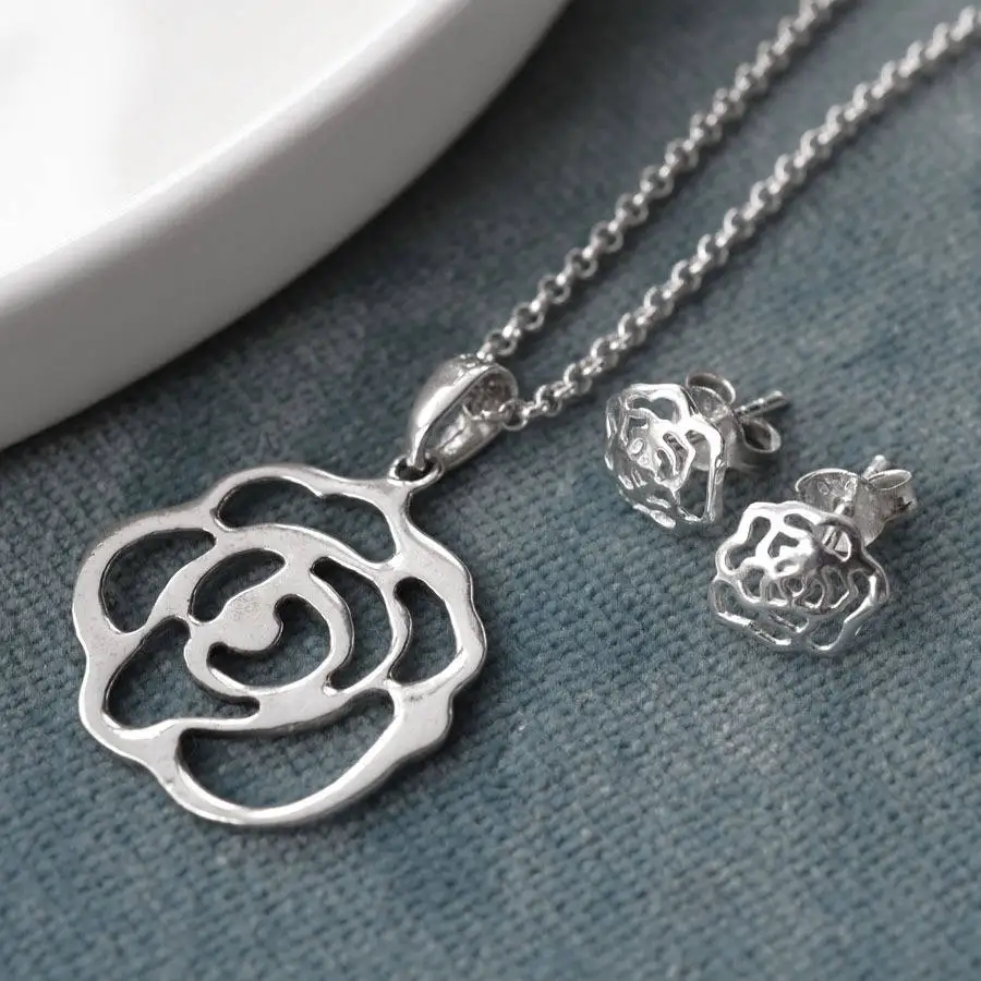 Wholesale high quality rose quartz flower charms necklace 18k 925 Sterling Silver Rose Necklace