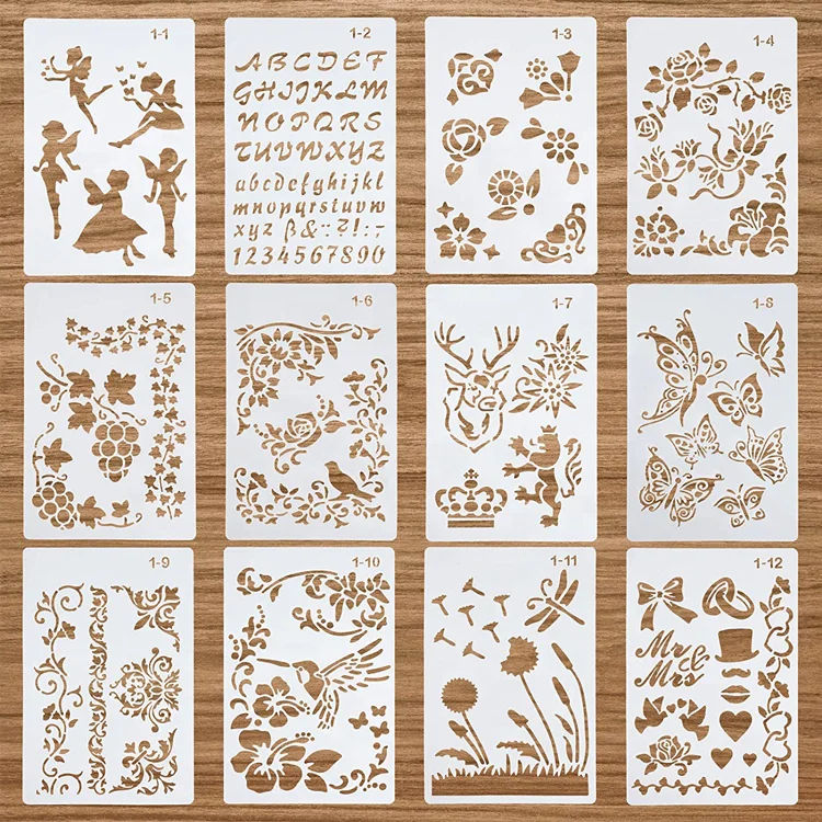12pcs Plastic Stencils for Journal Painting Craft 6.3 x 9.7 Inches