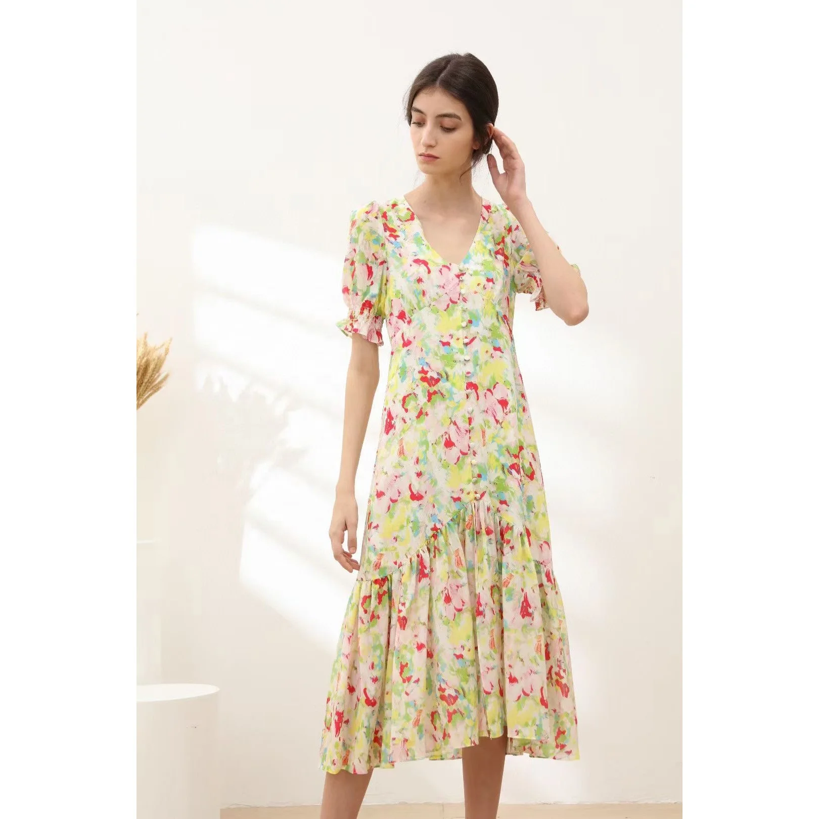 2021V Neck Puff Short Sleeves floral Print Maxi Long Mulberry silk dresses women ladies elegant