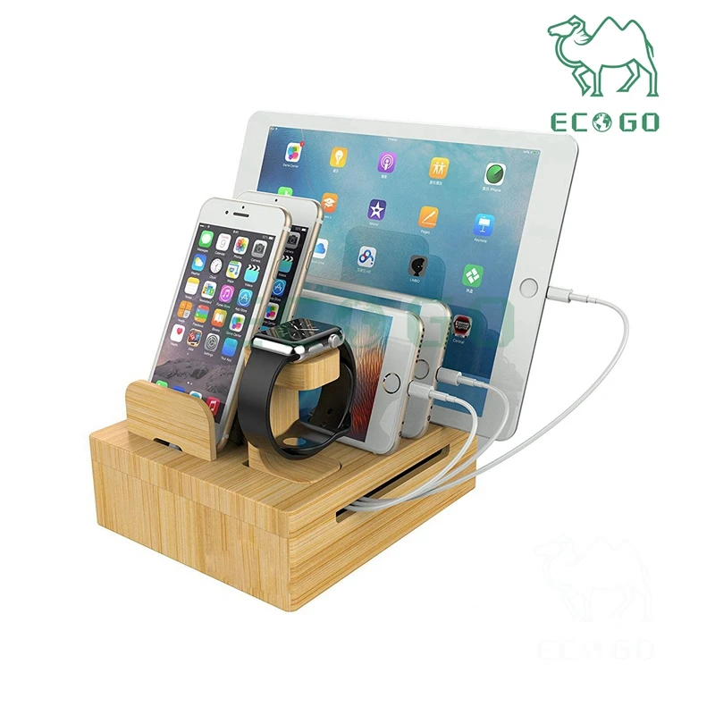 Bamboo Desktop Charging Organizer Multi Device Charging Station Dock For iPhone iPad Smartphone Tablets Trendy Charging Dock