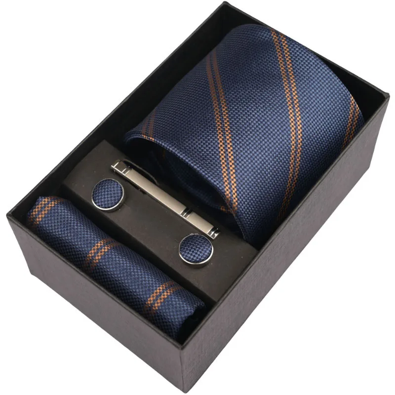 Luxury Classical Navy Blue Stripe Neck Tie Men Micro Fibre Polyester Ties Woven Necktie Set With Pocket Square