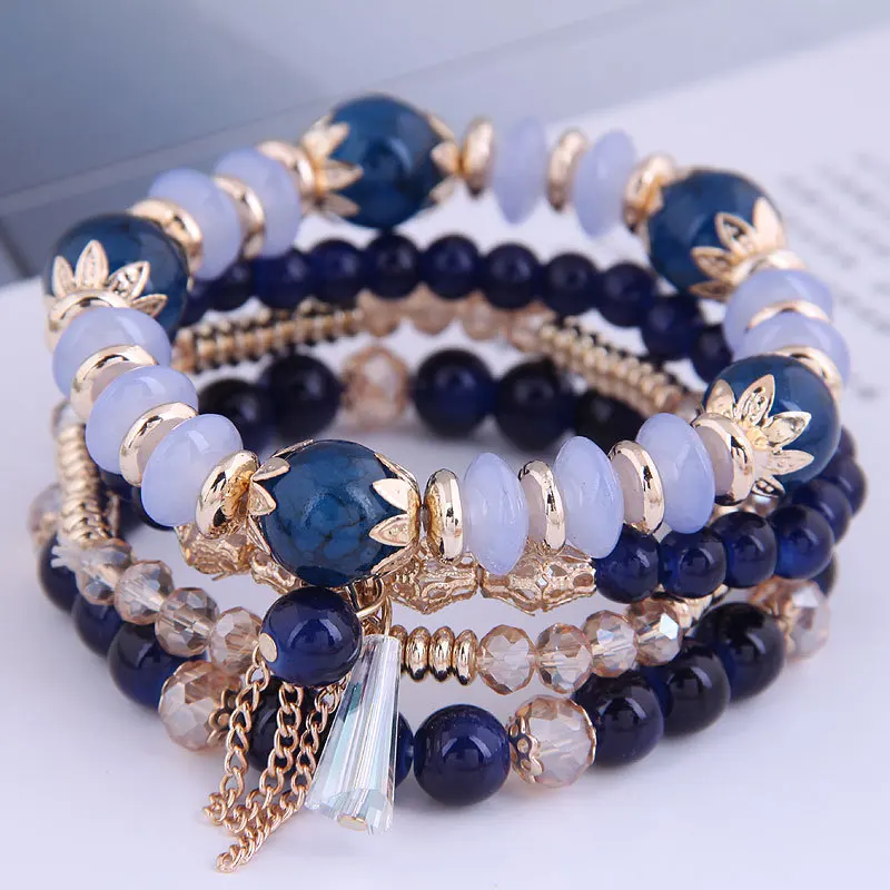 Kingcome 4pcs/pack Bohemian Stackable Bracelets with Tassels Multilayered Stretched Crystal Glass Beaded Bracelets