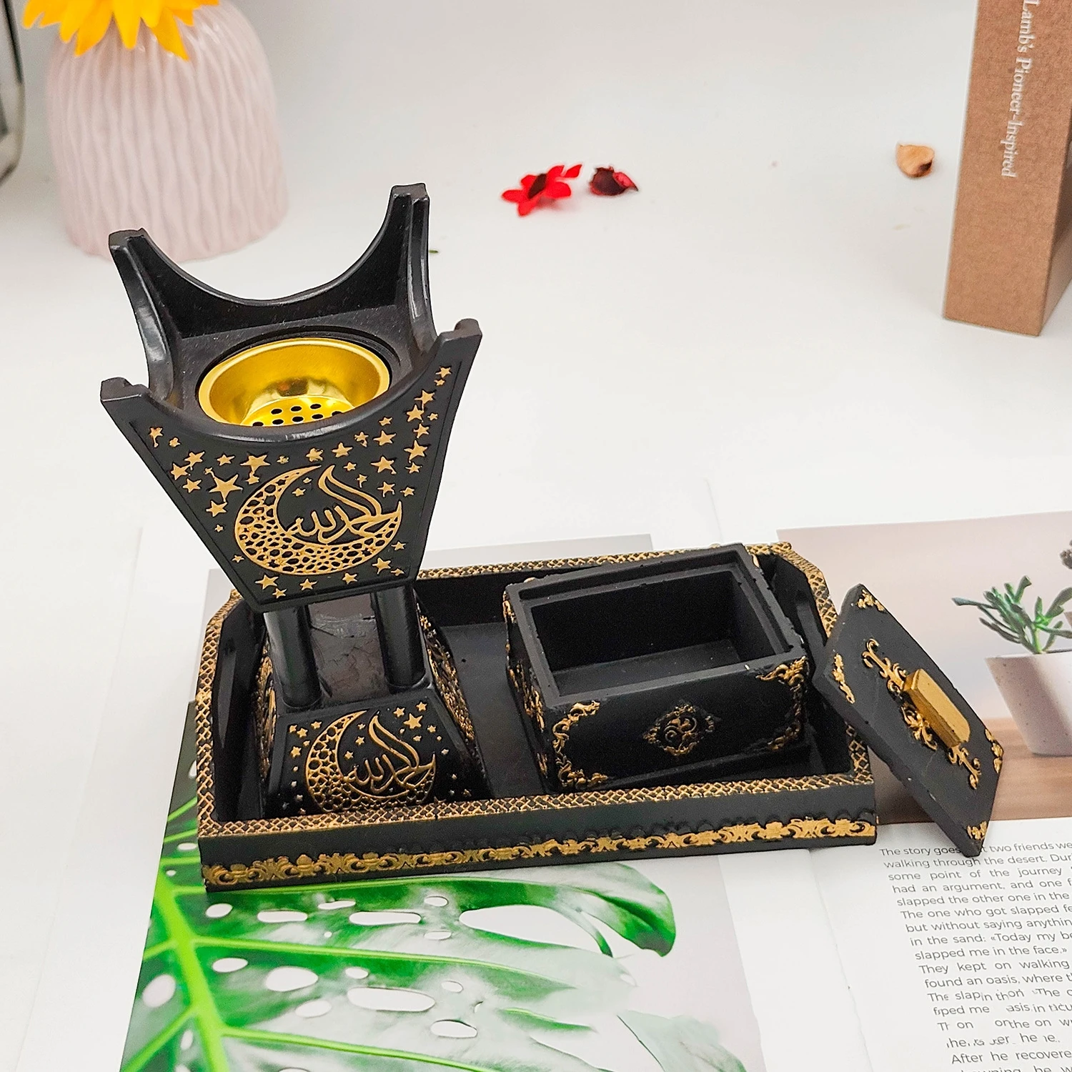 2023 New resin Four corner charcoal stove Three-piece incense burner set Tray, spice box Premium business gifts Resin BAKHOOR