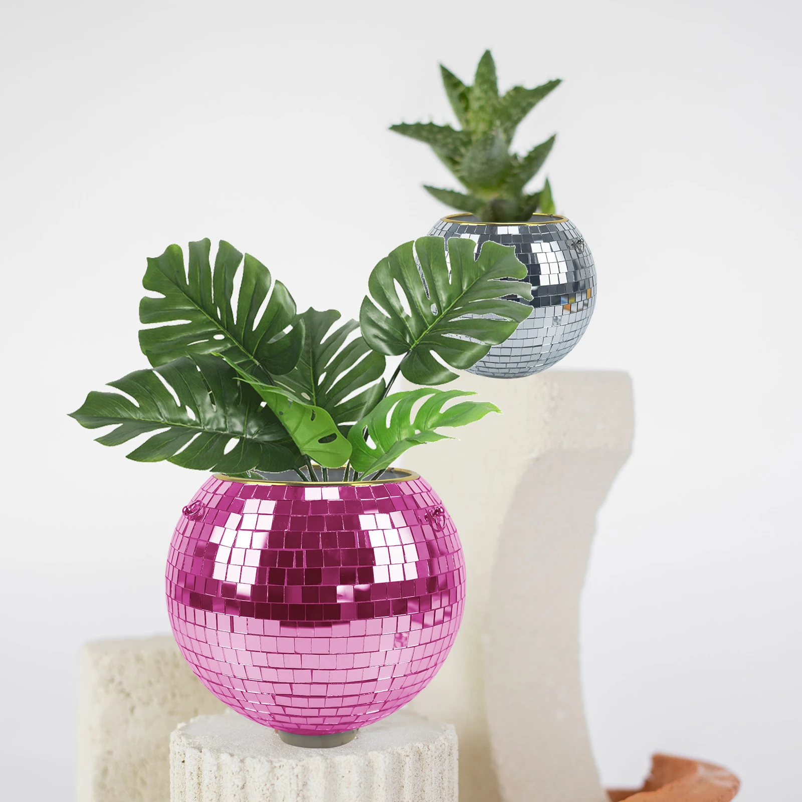 Pink Hanging Disco Ball Planter Pot Holder With Hook for indoor and outdoor