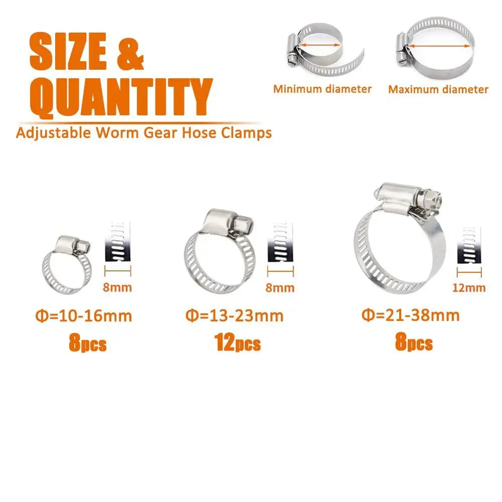 
BESTYCHAO 28pcs 304 Stainless Steel Adjustable 10-38mm Range Worm Gear Hose Clamps Assortment Kit (8-16mm, 13-23mm, 21-38mm) 