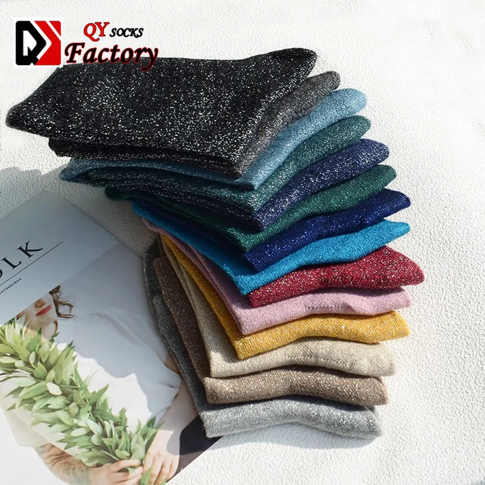 Custom Colorful Cotton Socks Silver Lurex Silk Glitter Ladies Fashion Socks Solid Color Gold Shiny Women Crew Socks