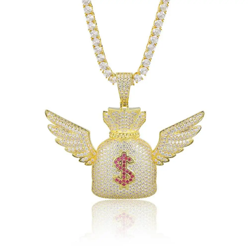 HOYON Hip Hop Rapper Jewelry Iced Out Angel Wing US Dollar Sign Money Bag Pendants Necklace for Men
