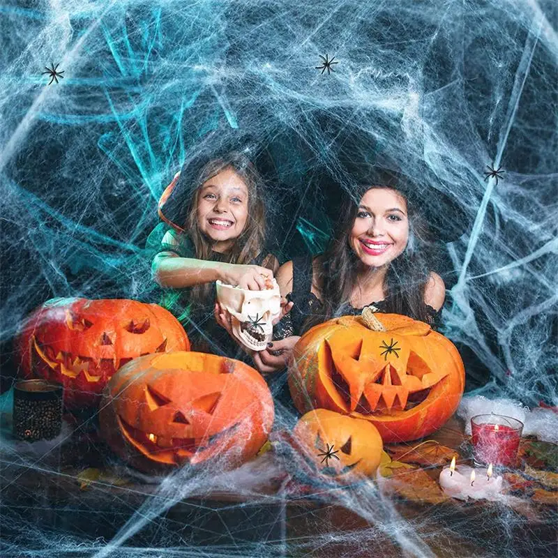 Halloween Decorations Artificial Spider Web Super Stretch Cobwebs with Spiders Scary Party Scene Decor Horror House Props