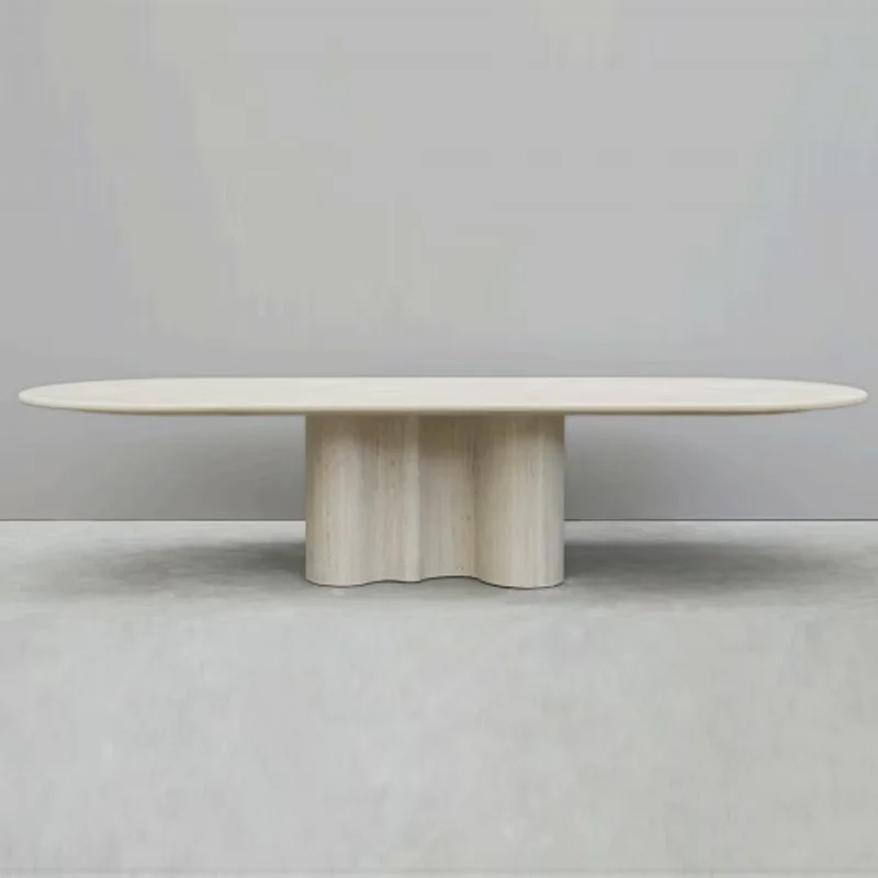Customized Design Minimalist Natural Stone Dining Room Furniture Oval Myra Beige Limestone Luxury Marble Dining Table Set