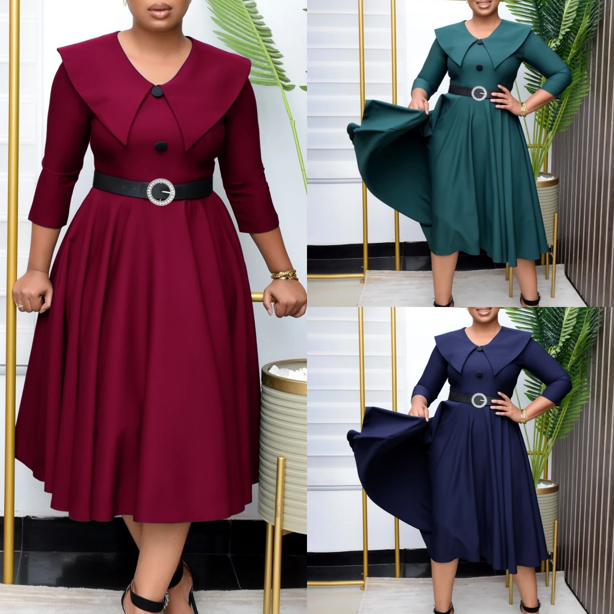 Mg3263 Latest Design Spring Ladies Office Dresses Solid Color Elegant A-line Career Dresses Women Casual Africa Dress