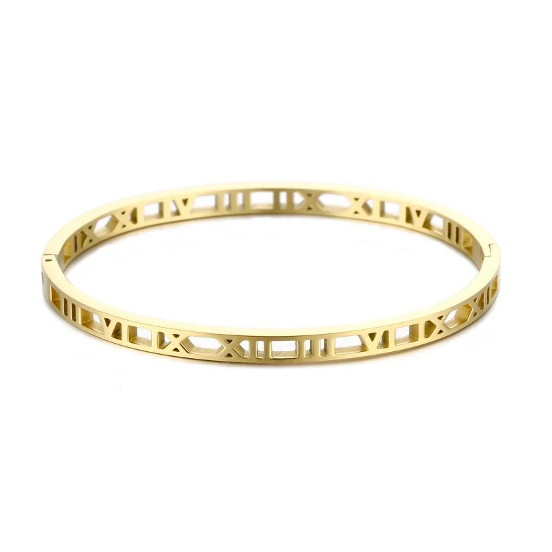 Wholesale Custom 18K Gold Plated Stainless Steel Roman Numerals Bijoux Acier Inoxydable Cuff Bangle Bracelet