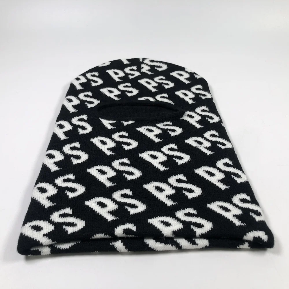 OEM adult jacquard embroidered all over print outdoors face cover ps black knitted beanie custom one hole balaclava ski mask