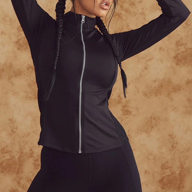 Черная сетчатая Легкая однотонная спортивная куртка с длинным рукавом и застежкой-молнией