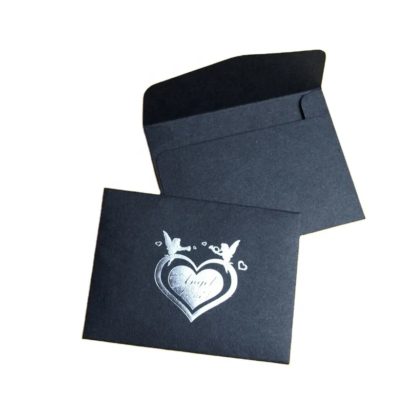 Matt black card paper envelope in custom size with custom logo printing color foil rose gold stamping silver stamp