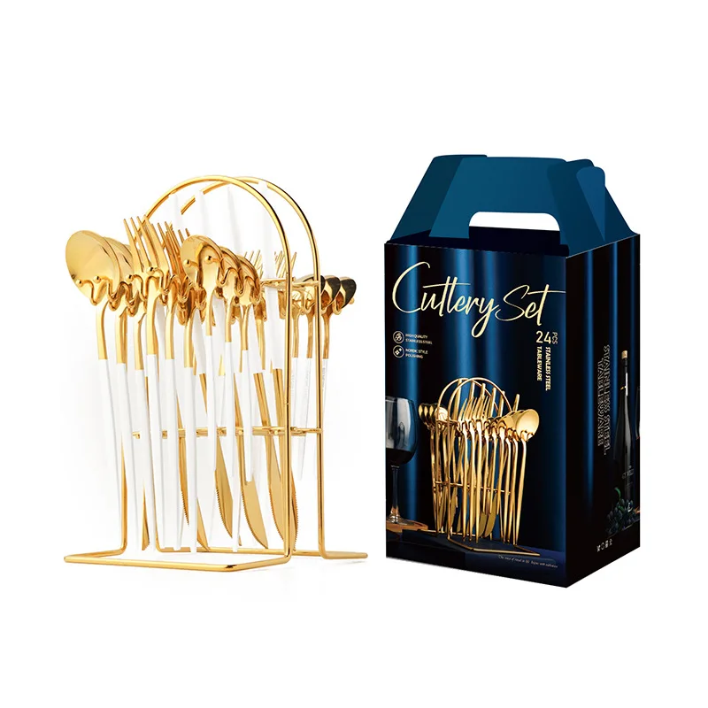 Shopee Hanging Stainless Steel Spoon& Fork Knife Set 24pcs Gold Cutlery Flatware Set With Stand