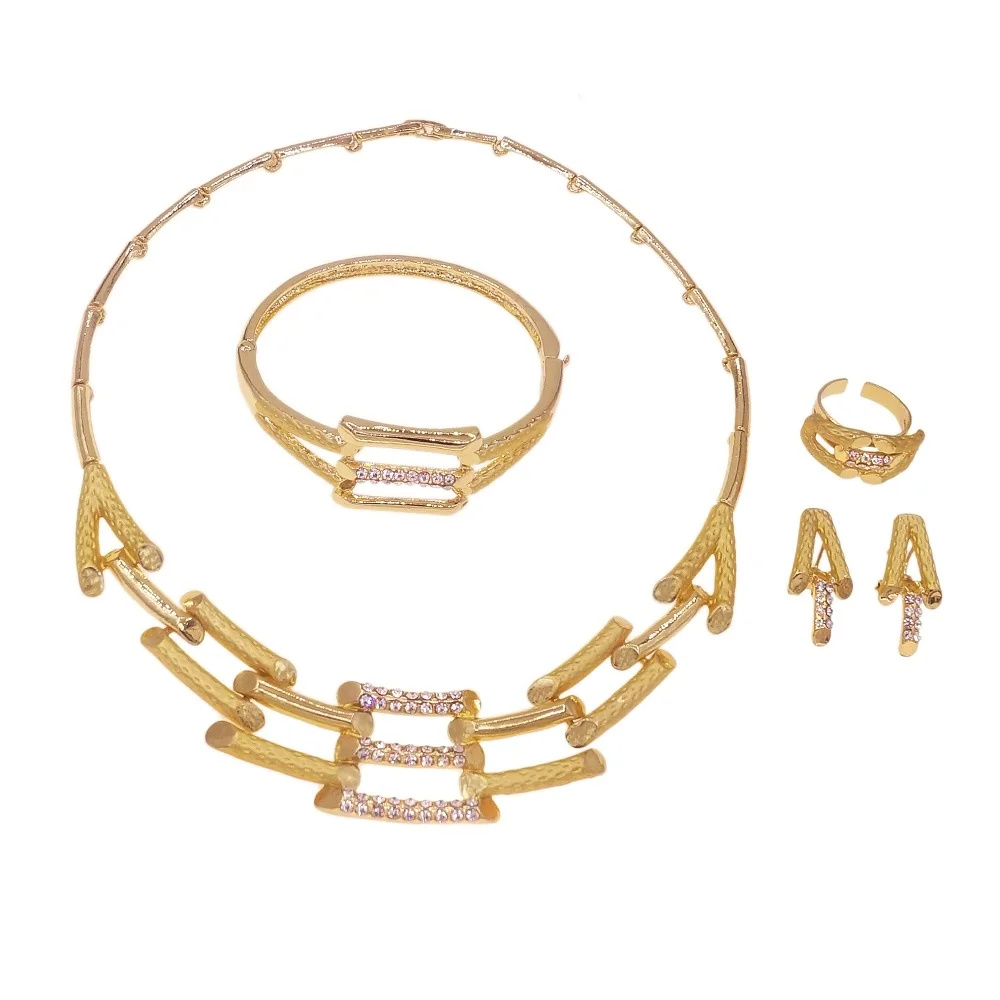 High Quality Luxury Decoration Necklace Sets 18 k Bride Collarbone Jewelry Set 18 K Gold Plated African Jewels Earring Bangle