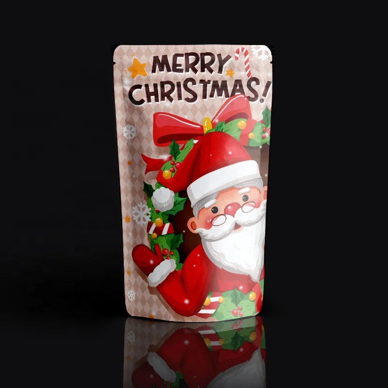 Custom Sweet Gift Packaging Plastic Stand Up Zipper Pouch Unique Merry Christmas Candy Bag With Clear Front Window