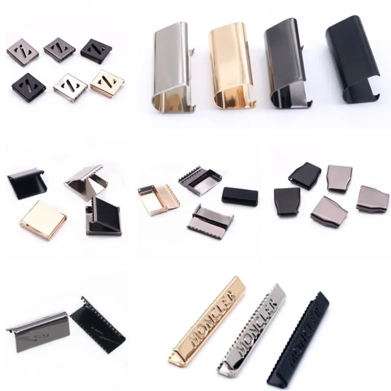 Custom Carved Logo Metal Ribbon Crimp End Cord Folding Claw Rope Belt End Clips