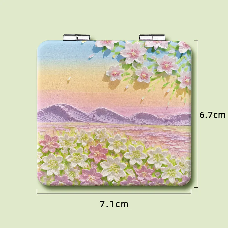 Hand painted oil painting small square mirror handheld makeup mirror portable pocket travel double side
