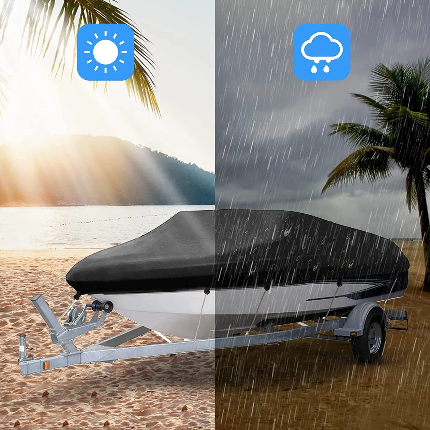 Heavy Duty 420D Waterproof Canvas Trailable Waterproof Boat Cover V-Hull Tri-Hull Runabout Boat Cover