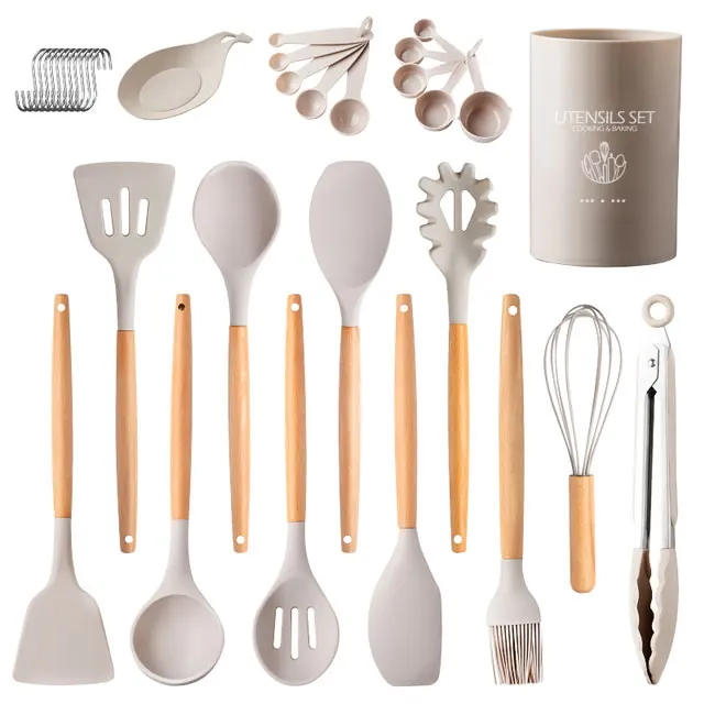 Non-Stick Wooden Handle Silicone Cooking Kitchen Utensils Set Kitchen Gadget Set Kitchenware Kitchen Utensils Set 24 Pieces