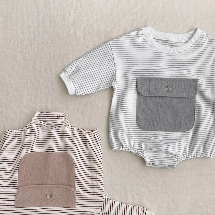 Korean Style Cotton Soft Fabric Striped Baby Rompers Pocket Design Children Fall Clothes