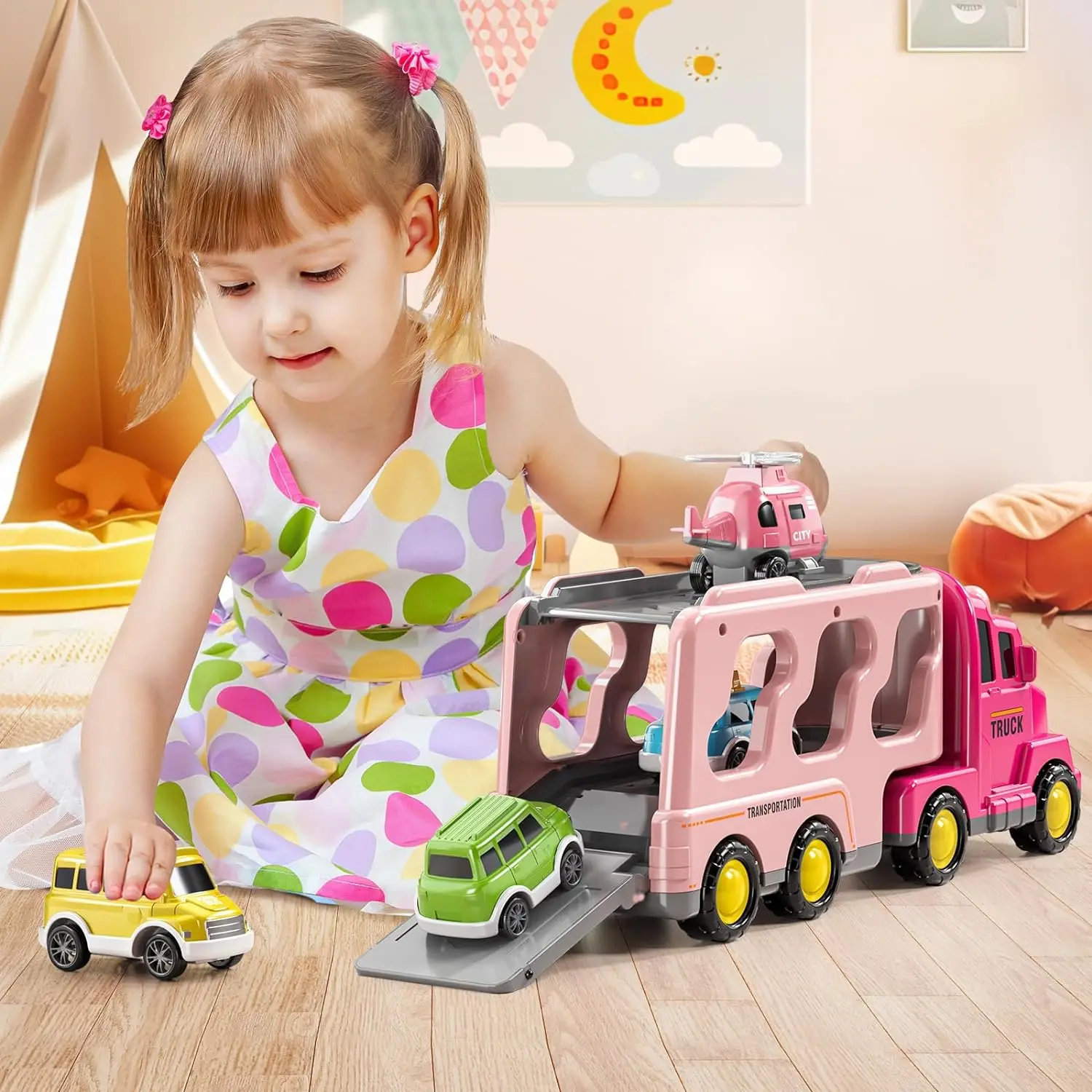 TEMI Truck Toys for 7 8 9 10 Year Old Girls, 5-in-1 Friction Power Vehicle Car Toy for Toddlers 3-6,  Christmas Birthday Gifts