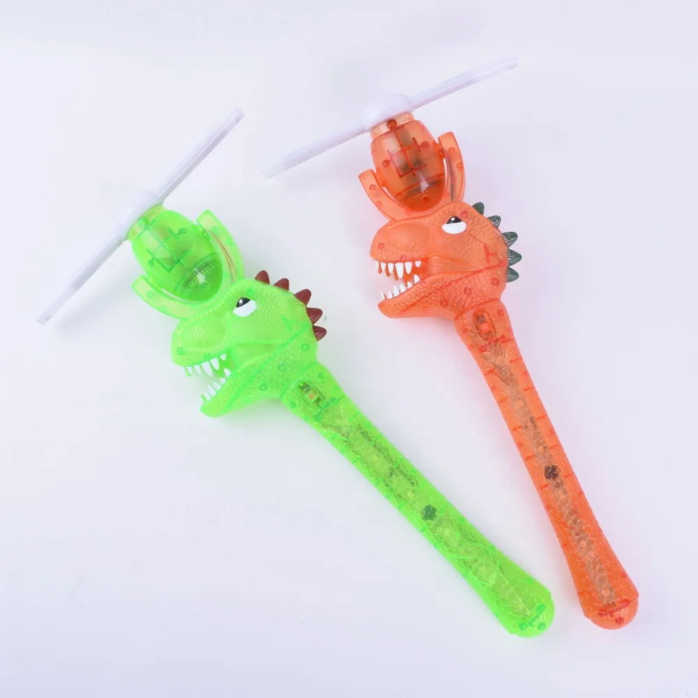 Child gift transparent plastic dinosaur shape boys 12 led music windmill  strip light up spinning wand toy