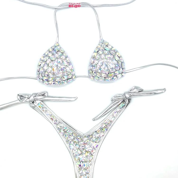 European And American Style Fashion Sexy Women Bathing Suit Crystal AB Rhinestone Bikini Set For Summer Beach Swimwear Wholesale
