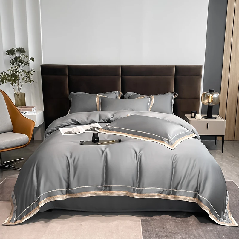 100% Lyocell  60s Fabric Bedding Set Embroidery Organic Duvet Cover Hot Selling Bed Sheets