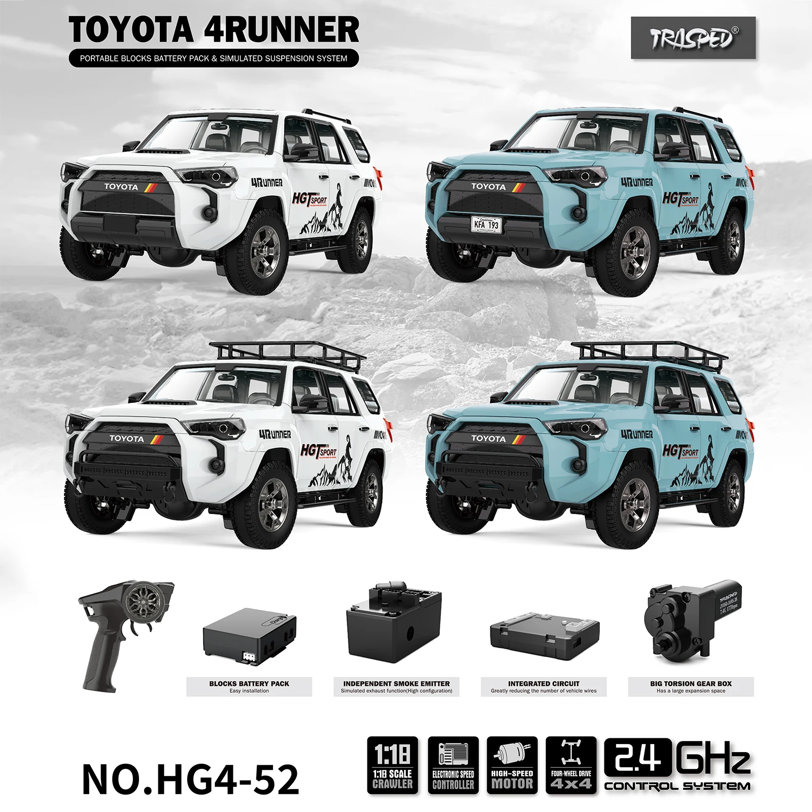 HG4-52 RC Cars 1/18 Scale 4WD 4Runner Medium-To-Large SUV Cars Model RTR 2.4Ghz Remote Control Off-road Vehicle LED Smoke Sound