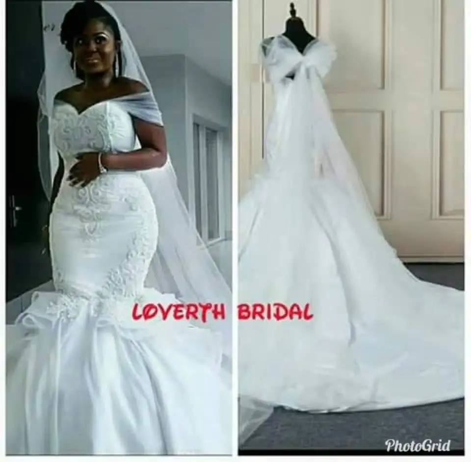 OceanluFA104  Elegant Satin Vintage Mermaid Wedding Dress with long wrap Pure White Lace Embroidery African Mermaid Wedding Gown