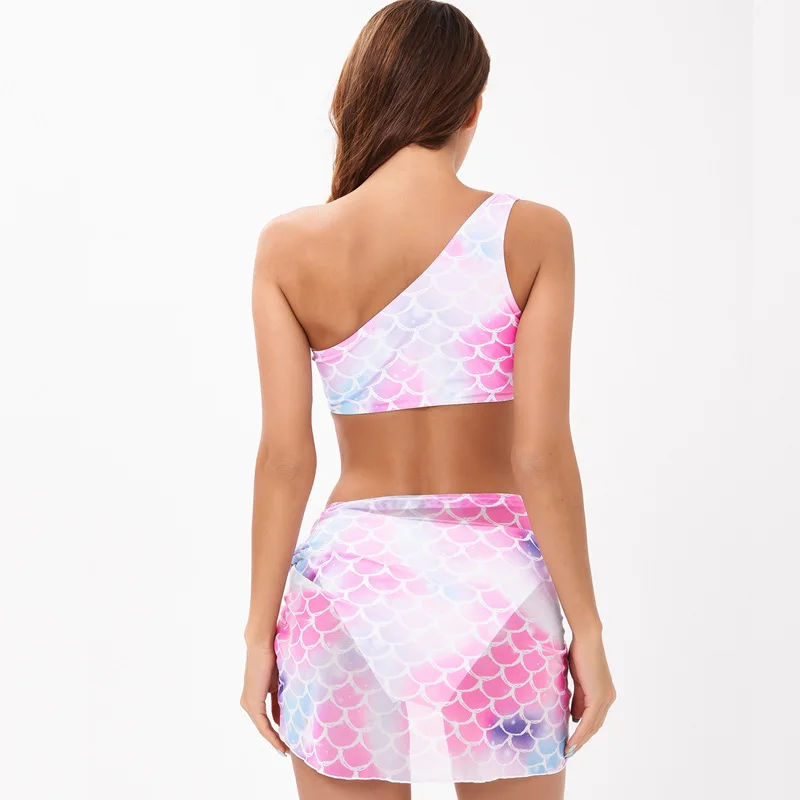 New One-shouldered, High-waisted, Fish-scale Print Swimsuit Swimsuit Mermaid Three-piece Bikini