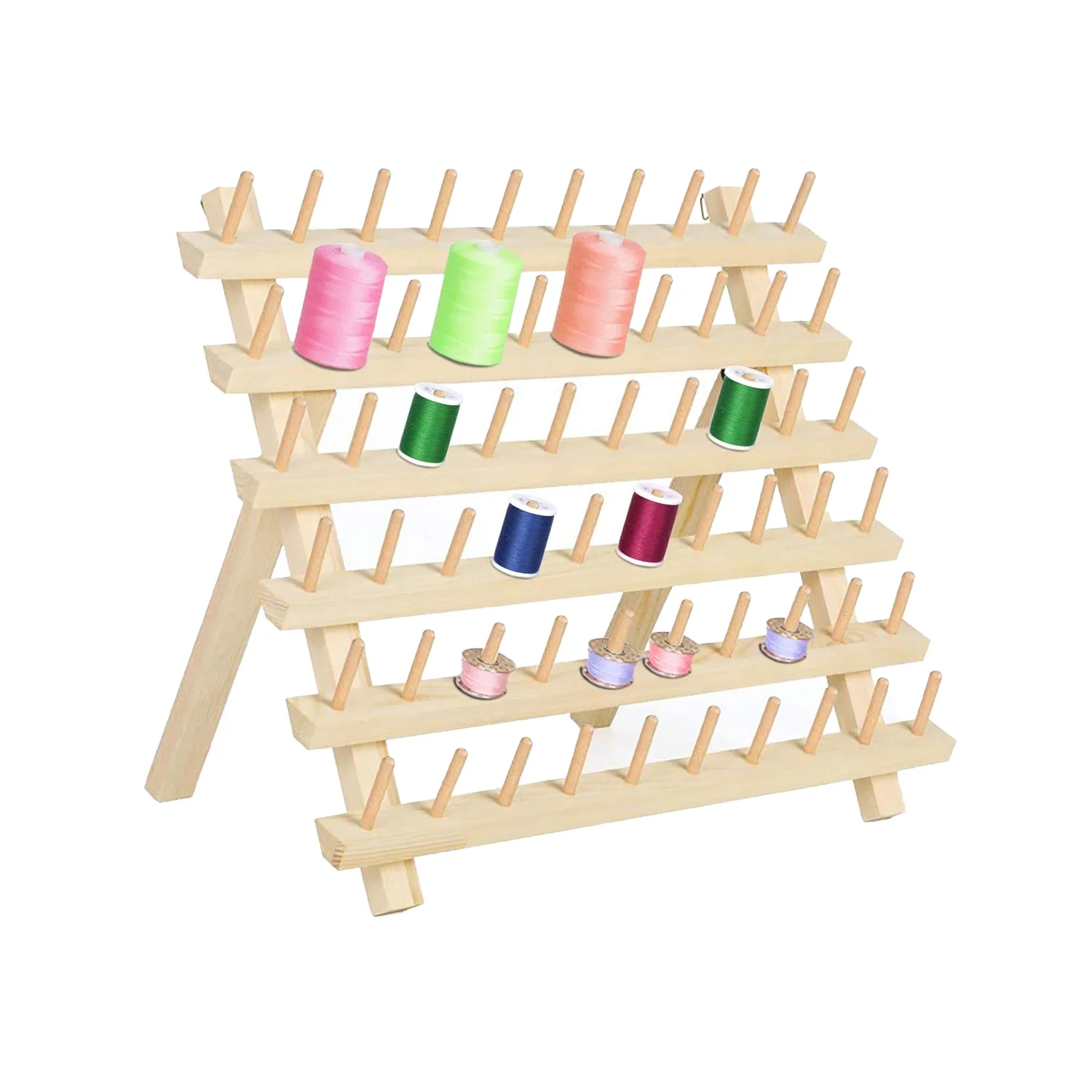 Foldable Wall Mount for Sewing Thread Holder Organiser with Hanging Hooks 60 Spools of Wooden Sewing Thread Stand