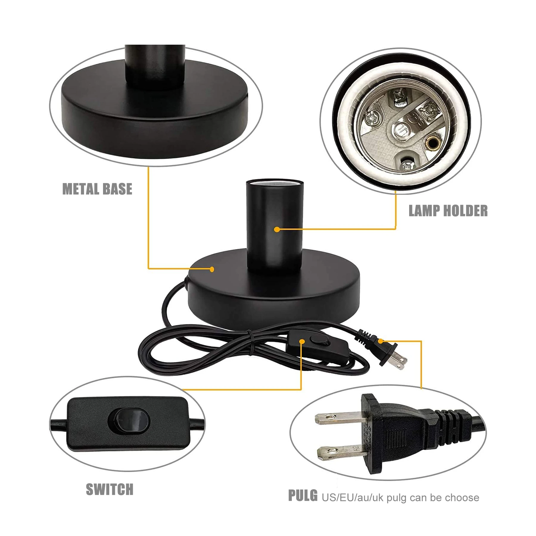 Factory Outlet Polished Metal Desktop Lamp Base E26 E27 Screw Light Bulb Holder With Black Cord 304 Switch Plug