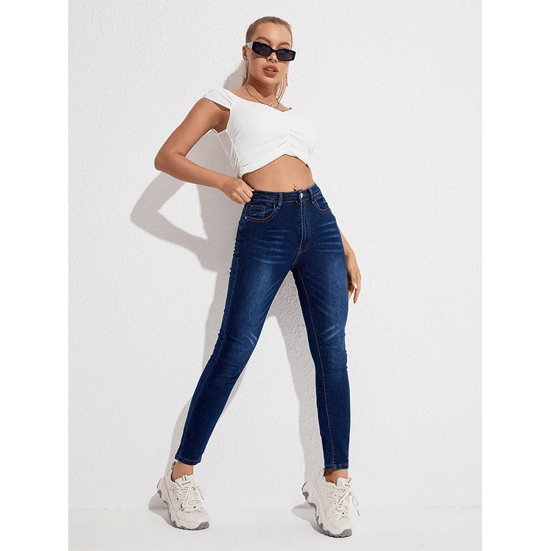 Hot Selling ladies Jeans Stretch Skinny Navy Blue Trousers Denim Fabric High Waist Women Jeans